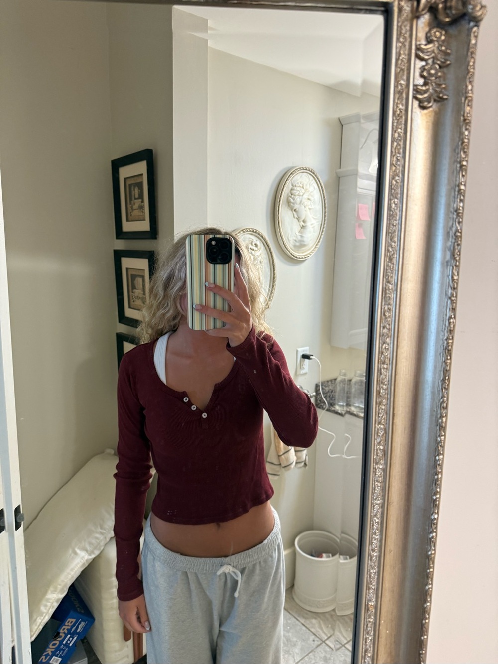Brandy Melville Women's Burgundy Long-Sleeve Henley Top